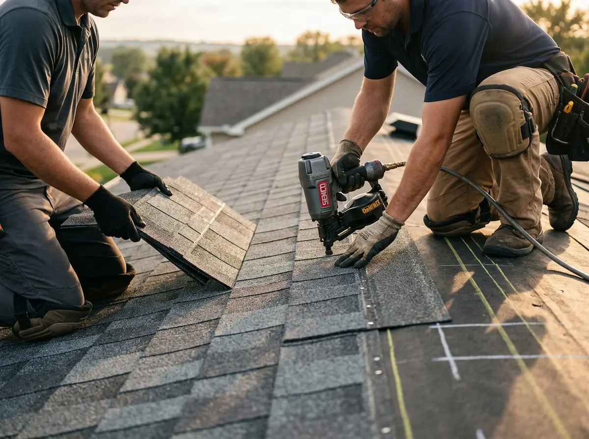 Professional roofer working on a residential roof in North Augusta